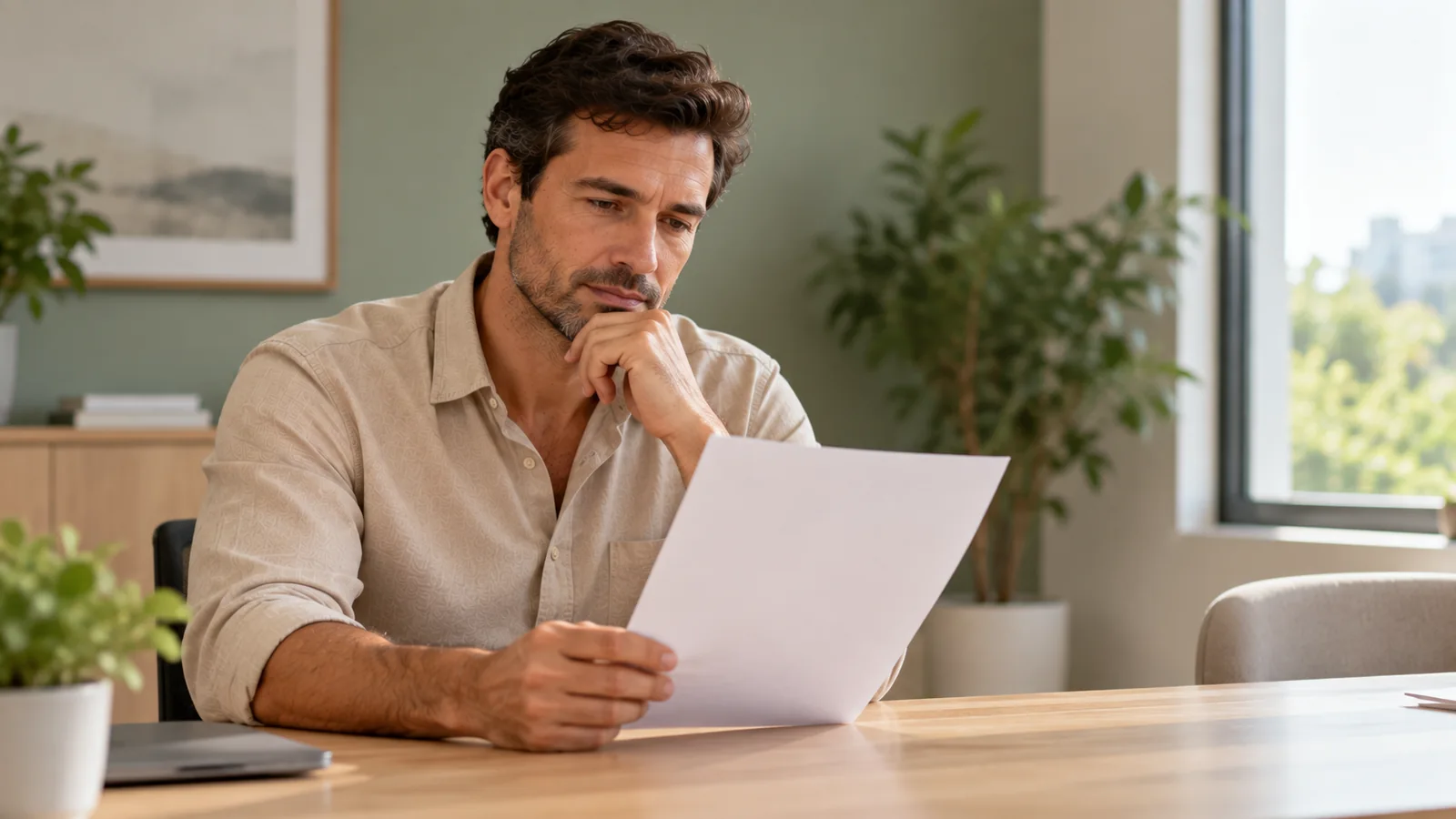 Homem adulto de camisa bege sentado à mesa de um consultório, observando um documento branco sob luz natural.