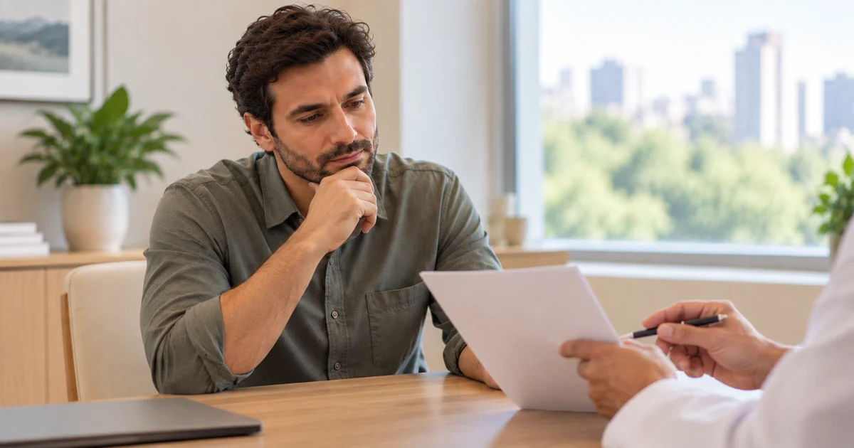 Homem adulto sentado à mesa de um consultório, observando um resultado de exame sem informações legíveis, com apenas as mãos do profissional de saúde visíveis.