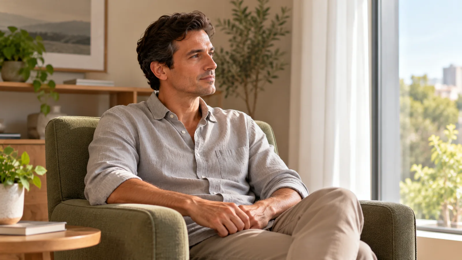 Homem adulto de camisa cinza-clara sentado em poltrona verde suave, próximo a uma janela, em sala contemporânea iluminada por luz natural.
