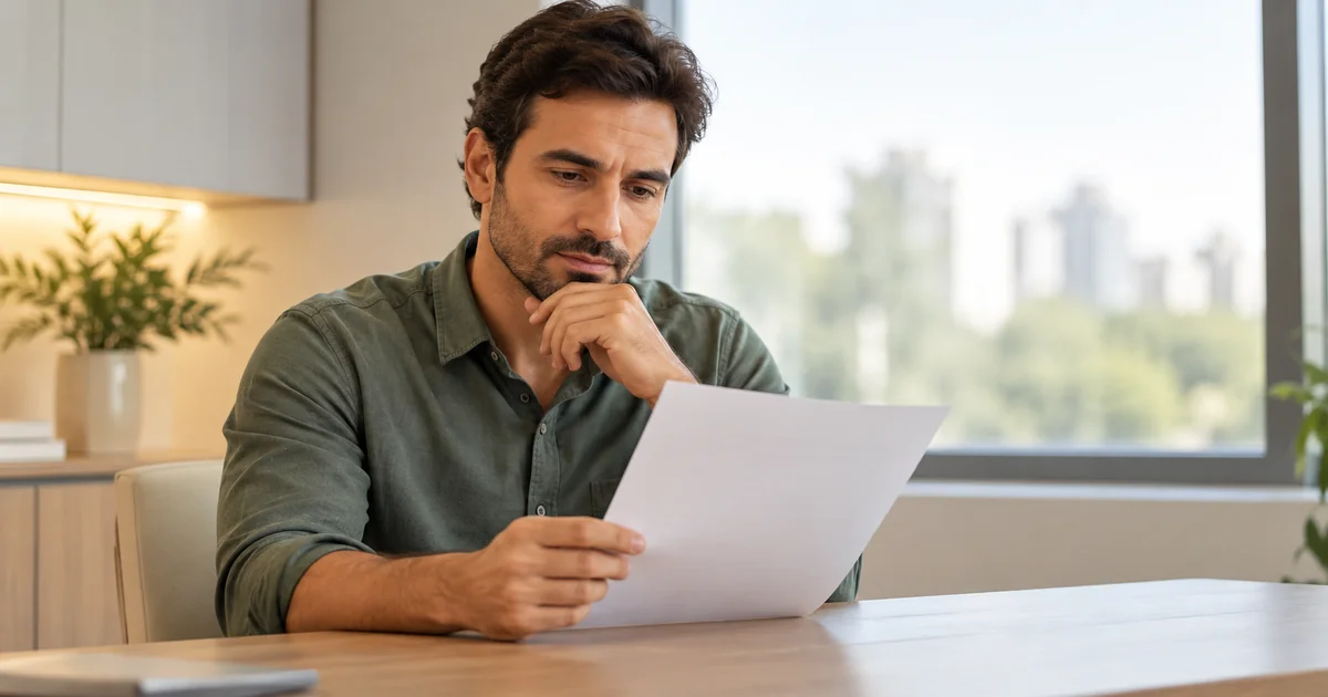 Homem adulto sentado à mesa de um consultório, observando um resultado de exame sem informações legíveis, com luz natural de janela ao fundo.