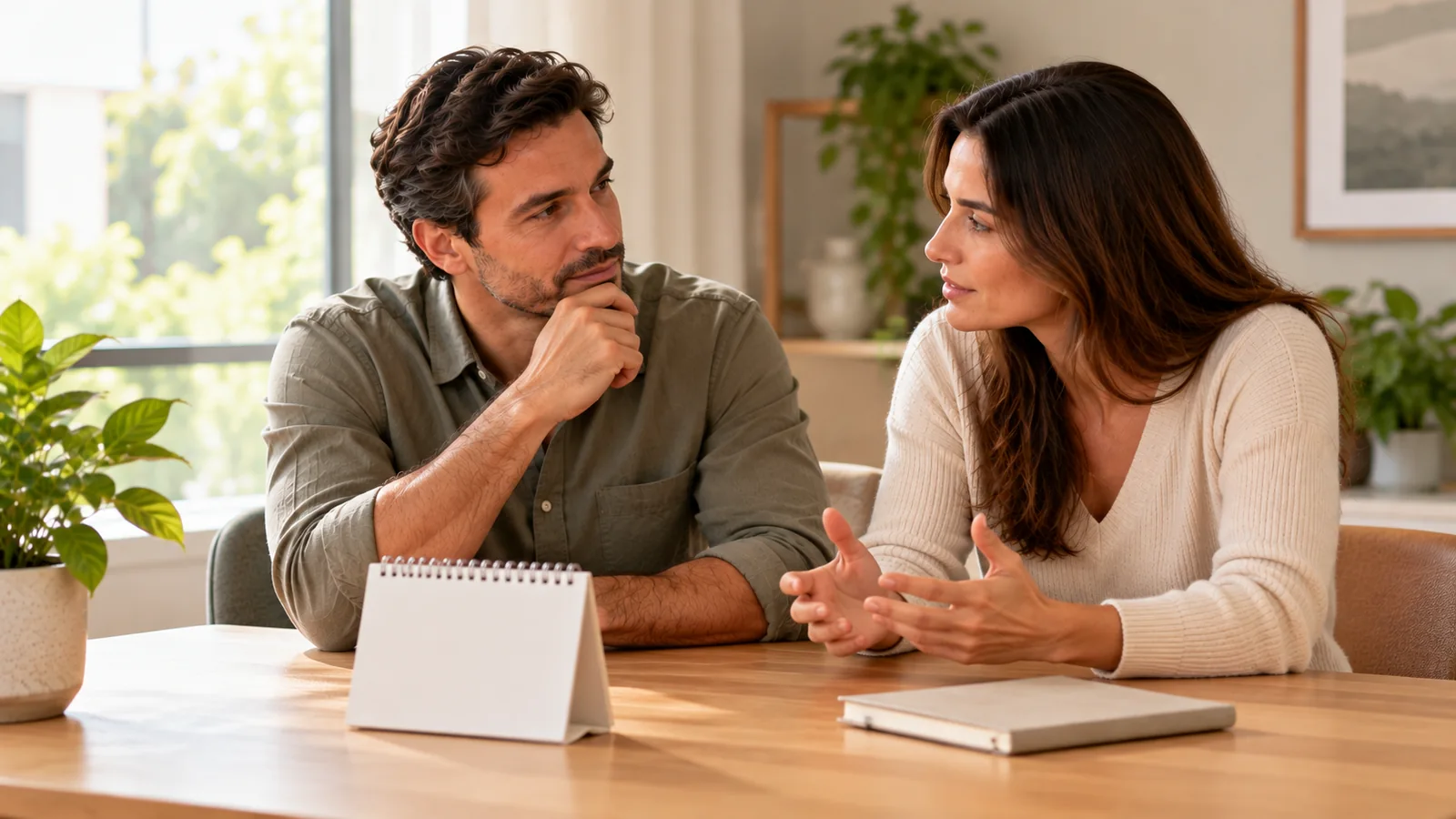 Casal adulto sentado lado a lado à mesa de madeira clara, conversando em ambiente doméstico iluminado por luz natural, com calendário em branco e caderno sobre a mesa.