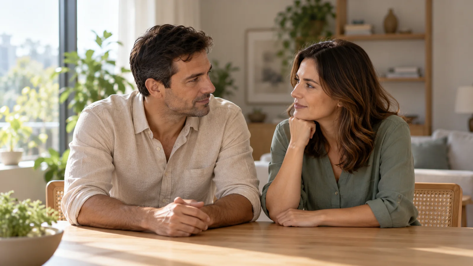 Casal adulto sentado lado a lado à mesa de madeira clara em uma sala contemporânea, conversando próximo a uma janela com luz natural.
