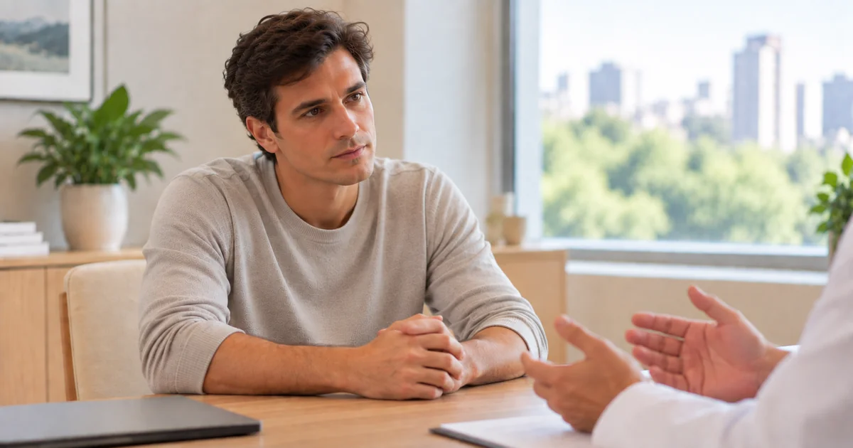 Homem adulto sentado à mesa de um consultório durante conversa com profissional de saúde, com apenas as mãos do profissional visíveis.